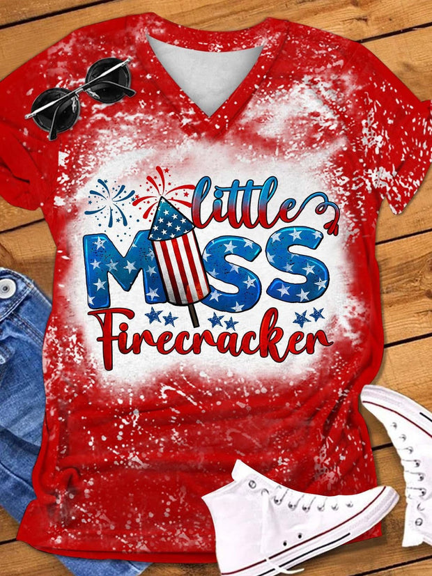 Little Miss Firecracker Print V-Neck T-Shirt