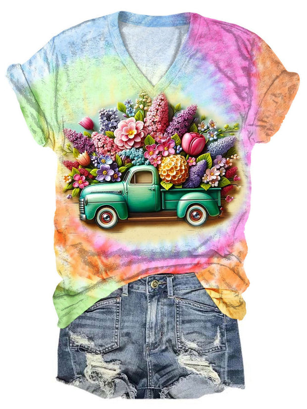 Tie Dye Floral Trucker Print Casual V Neck Top