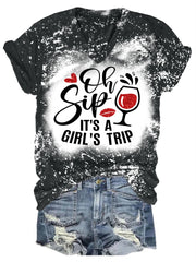 Oh Sip It's A Girl's Trip Print V-neck T-shirt