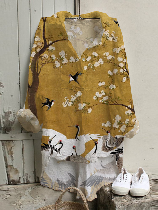 Japanese Style Crane Floral Art Print Vintage Loose Shirt