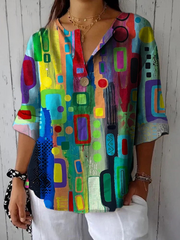 Bright Design Spots And Blocks Of Color Printed Cotton And Linen Shirt