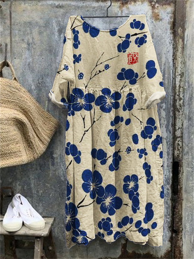 Cherry Blossom Japanese Lino Art Oversize Maxi Dress