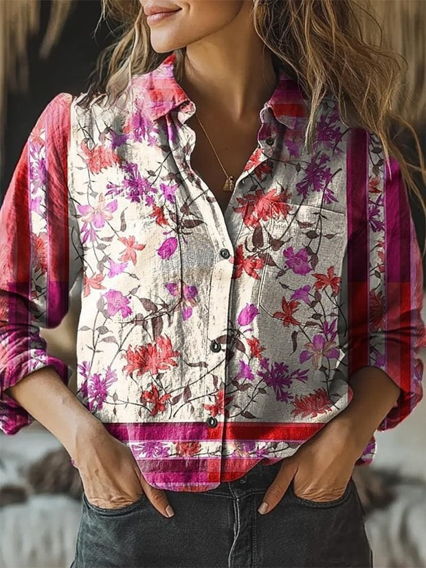 Women's Floral Patchwork Art Print Casual Long Sleeve Comfortable Cotton Shirt