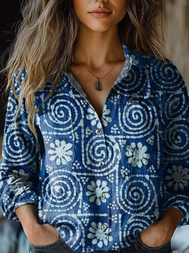 Women's Blue Thread Flower Print Casual Long Sleeve Comfortable Cotton Shirt