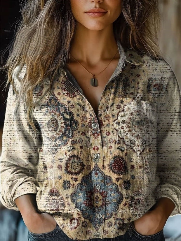 Women's Vintage Ethnic Pattern Art Print Casual Long Sleeve Comfortable Cotton Shirt