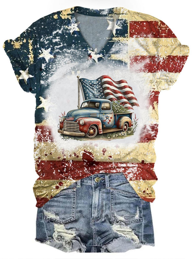 Women's Retro American Flag Truck Print T-Shirt