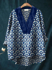 Japanese Traditional Style Geometric Pattern Printed Women's Casual Cotton And Linen V-neck Shirt