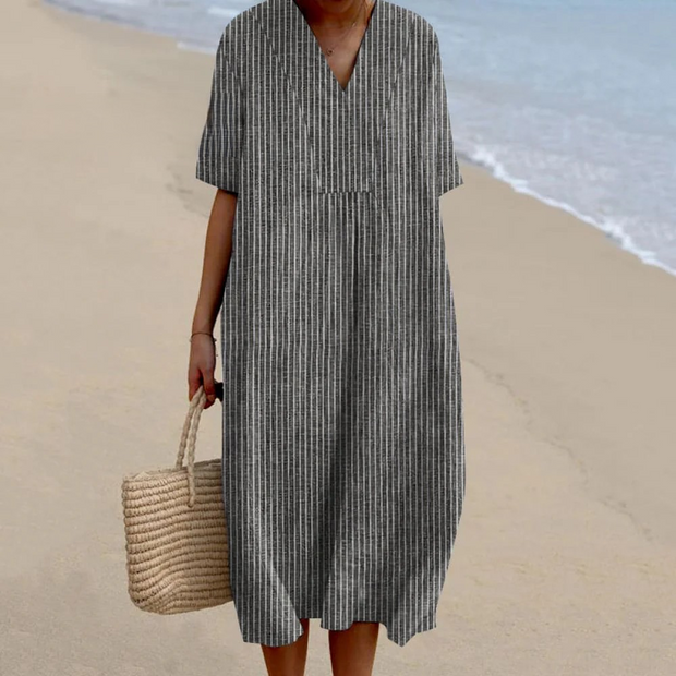 Women Vintage Stripes Casual V Neck Midi Dress