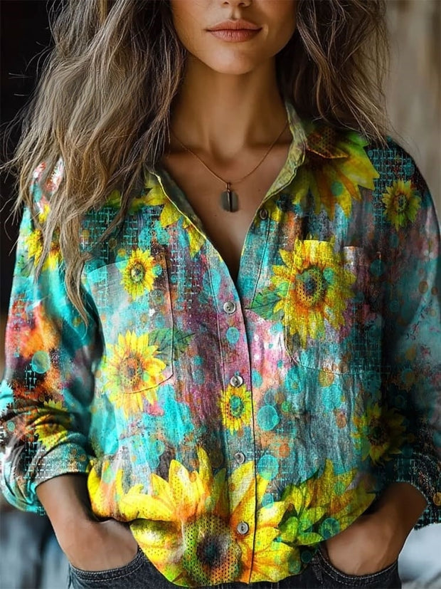 Women's Retro Flowers Print Casual Long Sleeve Comfortable Cotton Shirt