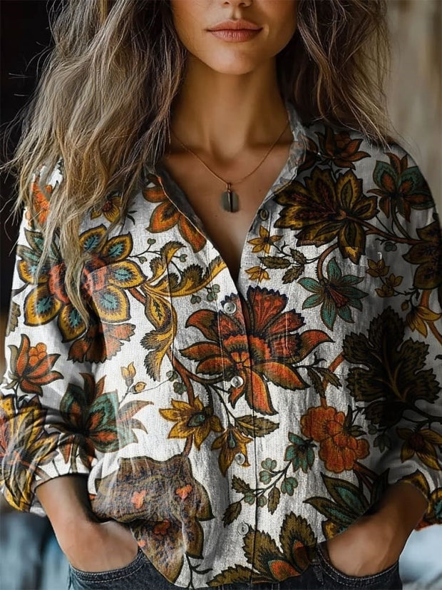 Women's Retro Flowers Print Casual Long Sleeve Comfortable Cotton Shirt