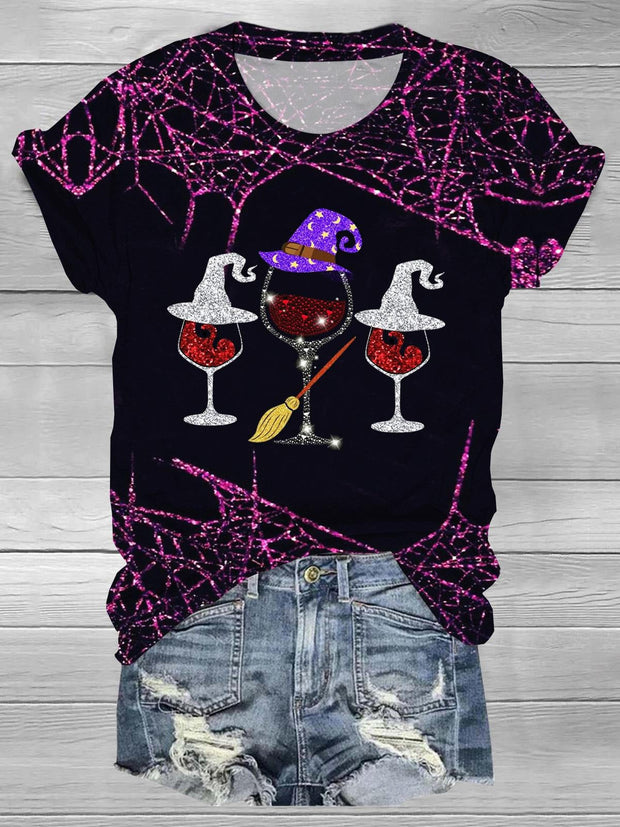 Women's Halloween Wine Glass Print Crewneck Top