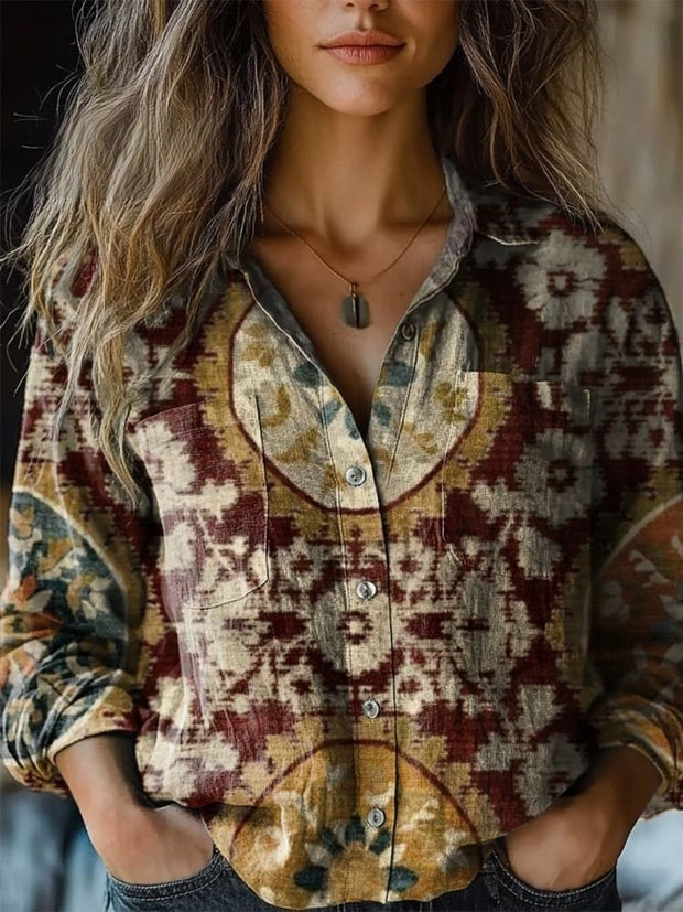 Women's Vintage Ethnic Abstract Geometric Floral Art Print Casual Long Sleeve Comfortable Cotton Shirt