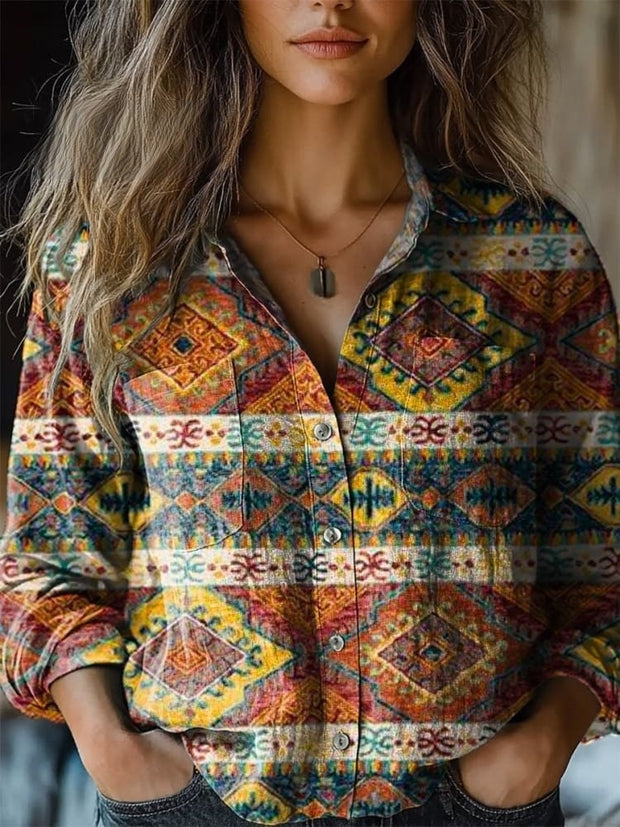 Women's Vintage Ethnic Abstract Colorful Rhombus Geometric Art Print Casual Long Sleeve Comfortable Cotton Shirt