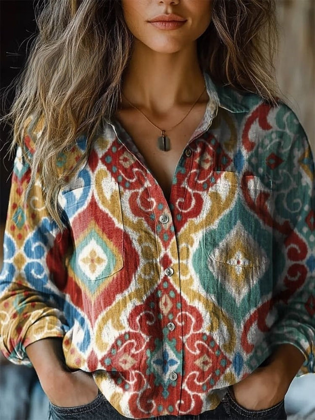 Women's Vintage Ethnic Style Colorful Diamond Totem Art Print Casual Long Sleeve Comfortable Cotton Shirt