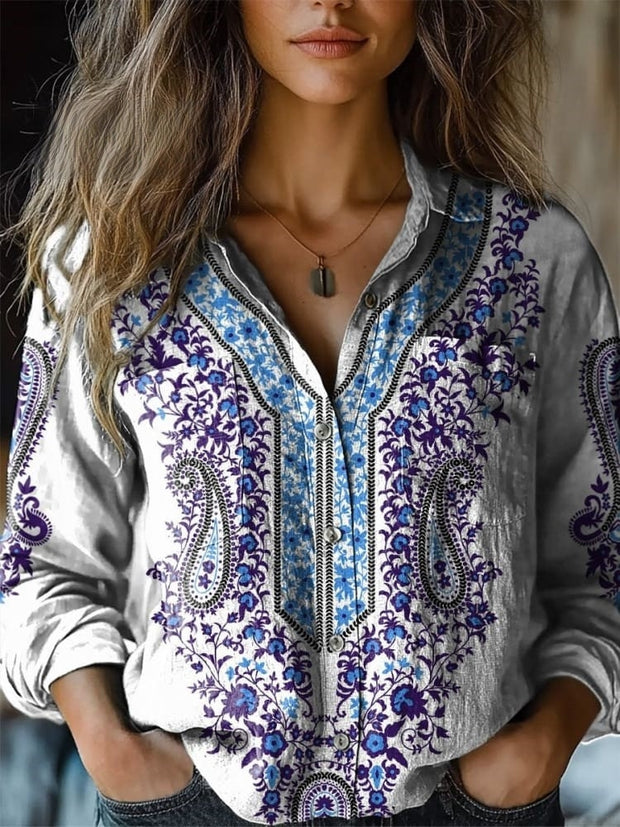 Elegant Ethnic Pattern Printed Women's Casual Long Sleeve Comfortable Cotton Shirt