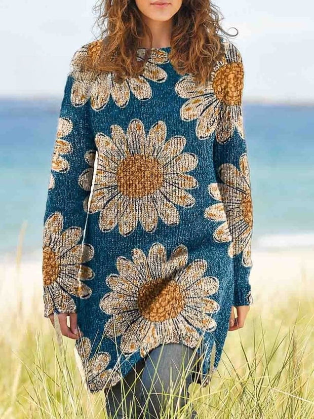 Women's Crew Neck Large Daisy Print Casual Knit Sweater Dress