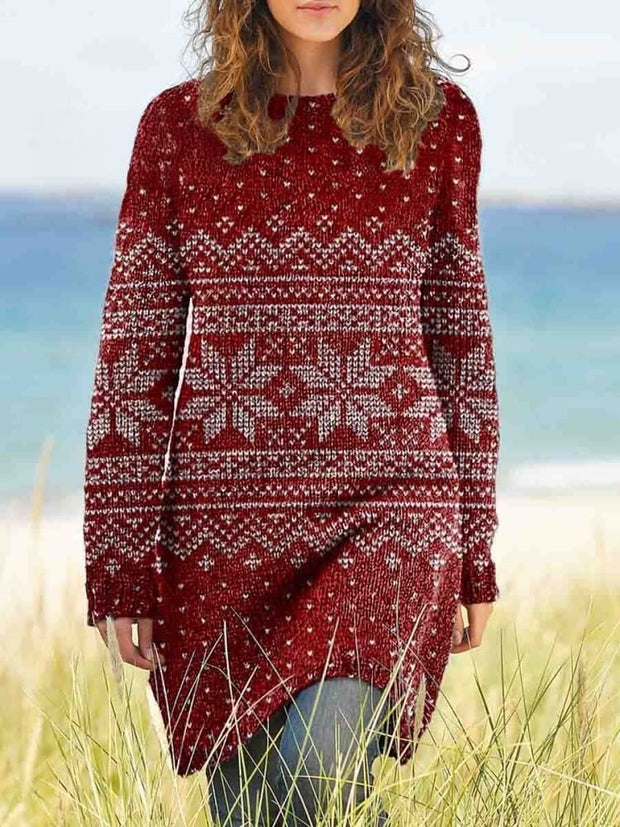 Women's Crew Neck Christmas Graphic Print Casual Knit Sweater Dress