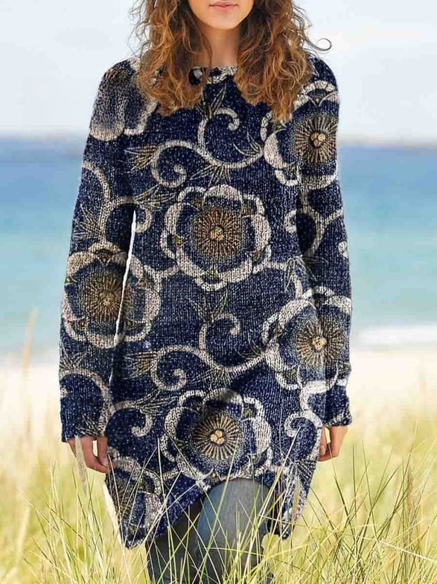 Women's Crew Neck Abstract Floral Casual Knit Sweater Dress