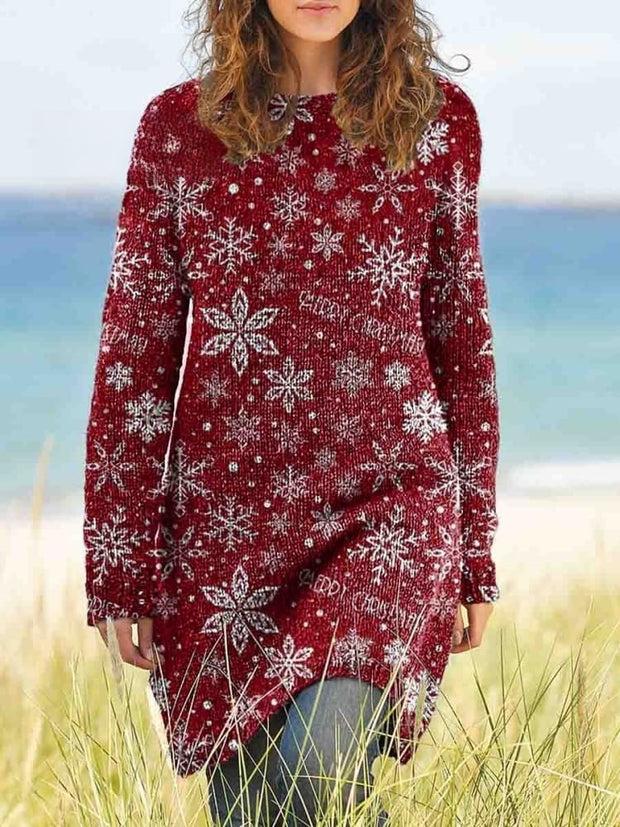 Women's Crew Neck Christmas Graphic Print Casual Knit Sweater Dress