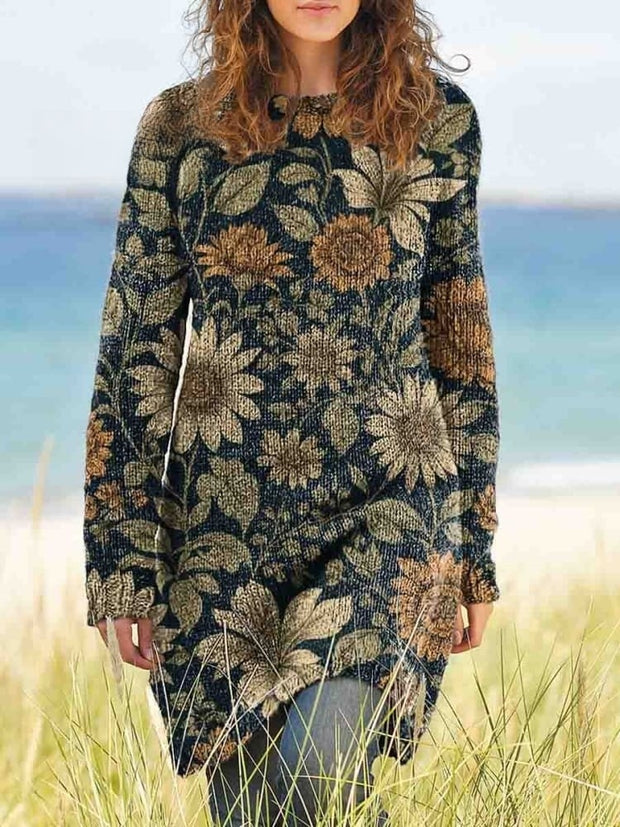 Women's Crew Neck Sunflower Print Casual Knit Sweater Dress