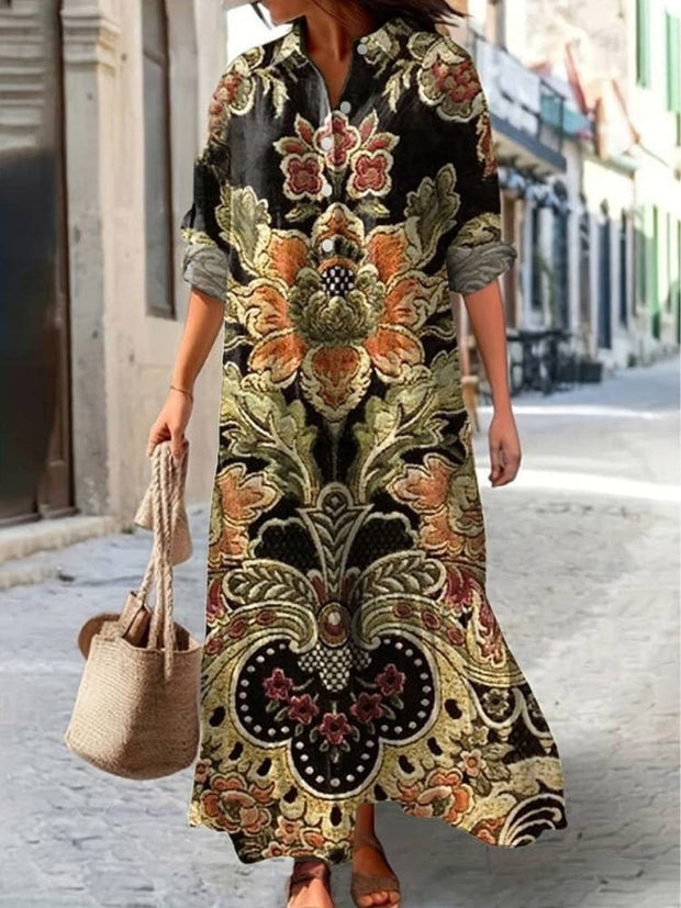 Women's Vintage Lovely Floral Art Print Pocket Cotton Dress