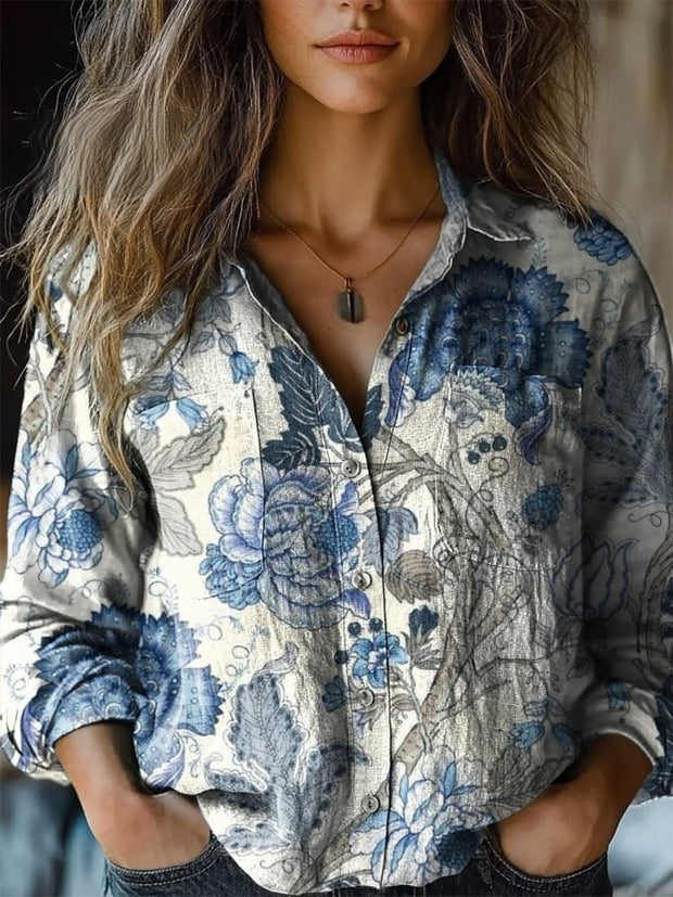 Women's Retro Floral Print Casual Long Sleeve Comfortable Cotton Shirt