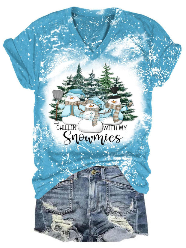 Christmas Snowman Print V-Neck T-Shirt