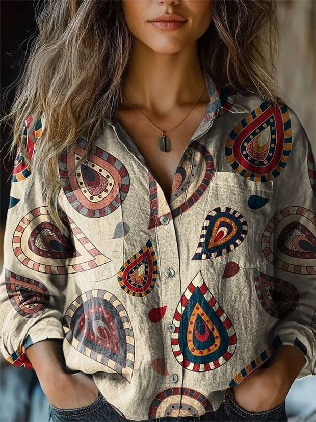 Women's Vintage Ethnic Pattern Art Print Casual Long Sleeve Comfortable Cotton Shirt