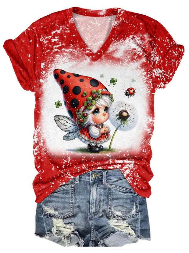 Ladybug Girl Gnome V-Neck Tie Dye T-Shirt