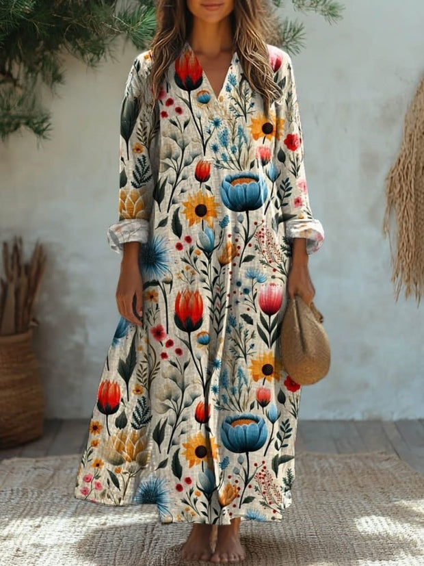 Women's Vintage Lovely Floral Art Print Cotton Dress