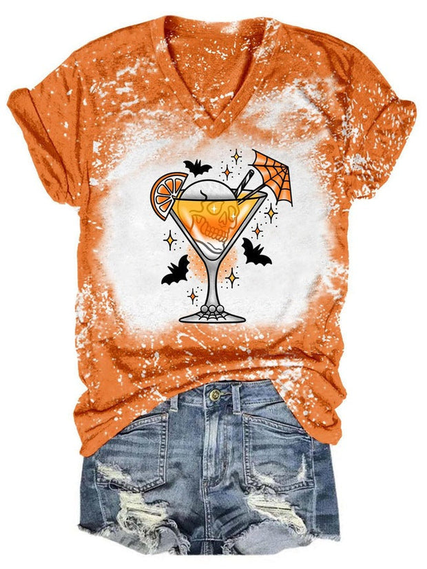 Vintage Halloween Drinks Print V Neck Tee