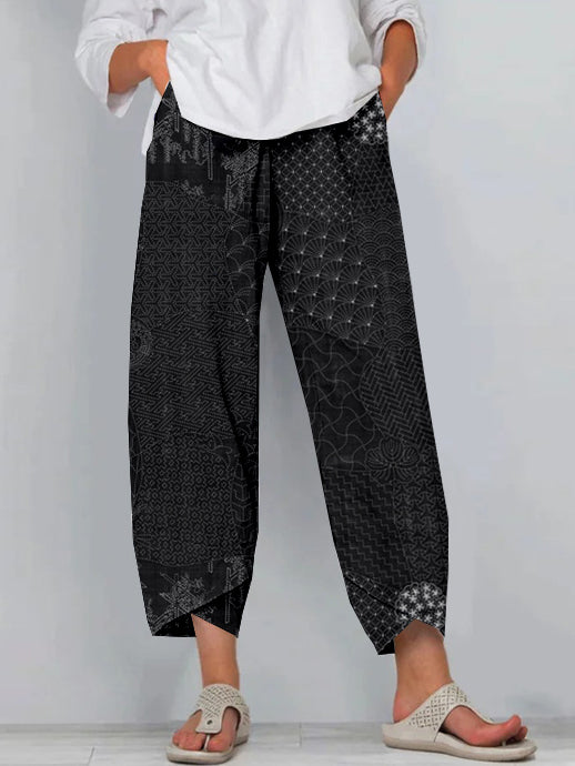 Japanese Traditional Sashiko Art Cropped Casual Pants