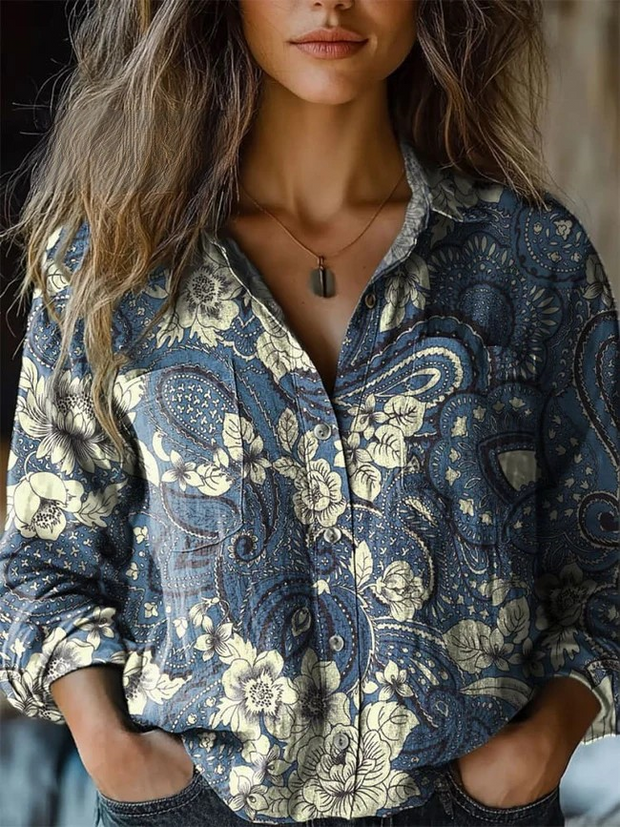 Women's Paisley Pattern Print Casual Long Sleeve Comfortable Cotton Shirt