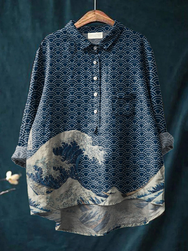 Women's Great Wave Off Kanagawa Inspires Japanese Art Print Casual Cotton And Linen Shirt