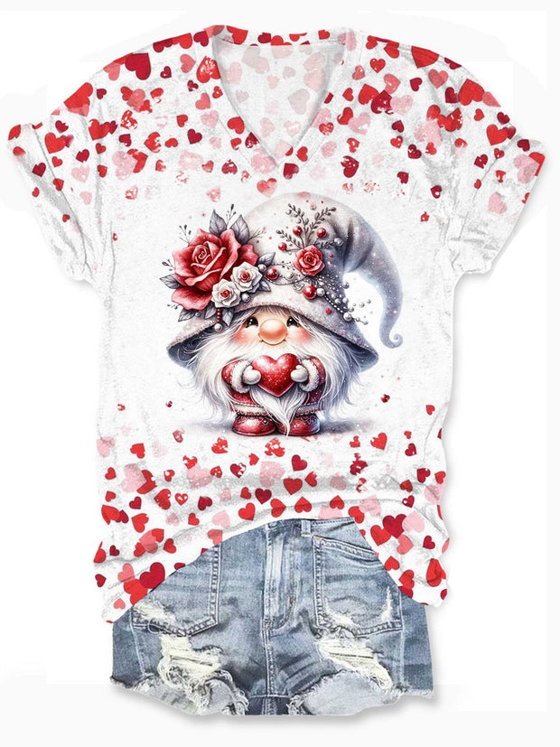 Valentine'S Day Gnome V-Neck Short Sleeve T-Shirt