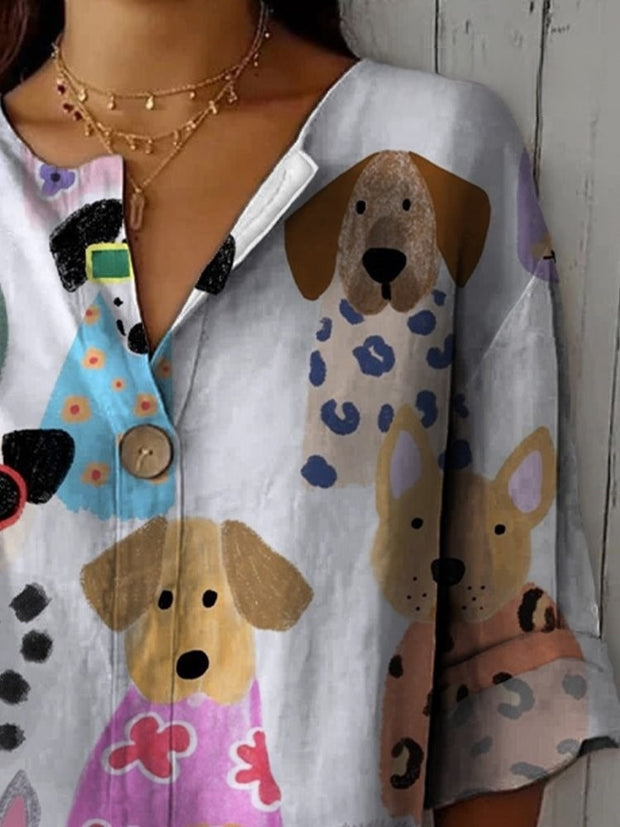 Fashionable And Interesting Cute Puppy Printed Cotton And Linen Shirt