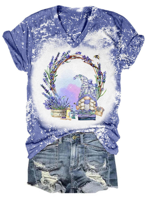 Lavender Wreath Gnome Tie Dye V Neck T-Shirt