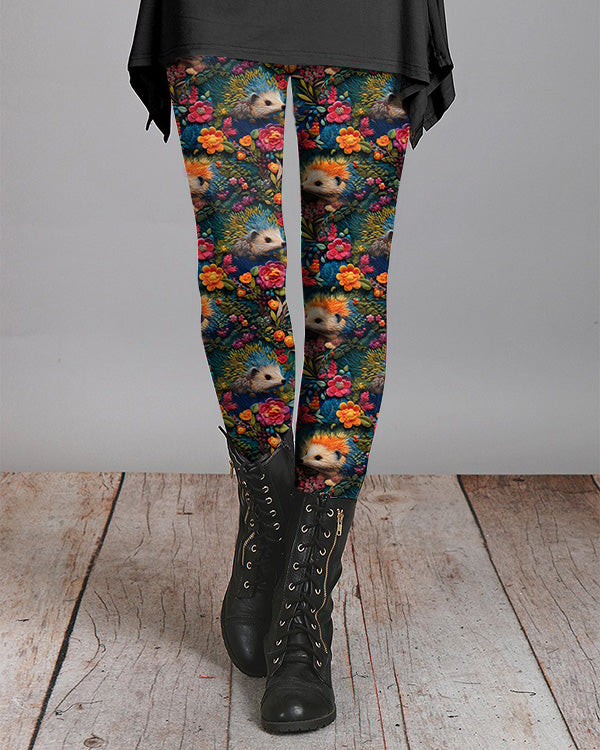 Floral Hedgehog Print Casual Leggings