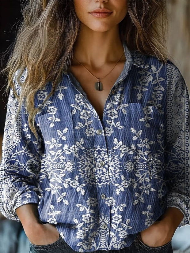 Vintage Floral Pattern Printed Women's Casual Long Sleeve Comfortable Cotton Shirt