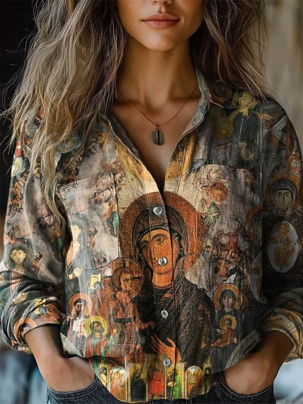 Women's Vintage Religion Pattern Art Print Casual Long Sleeve Comfortable Cotton Shirt