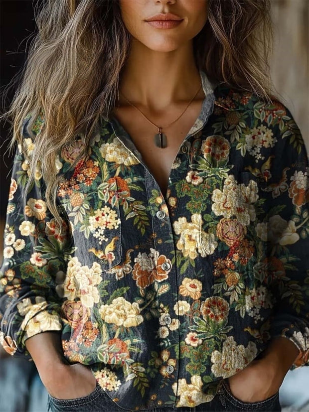 Women's Vintage Lovely Floral Art Print Casual Long Sleeve Comfortable Cotton Shirt