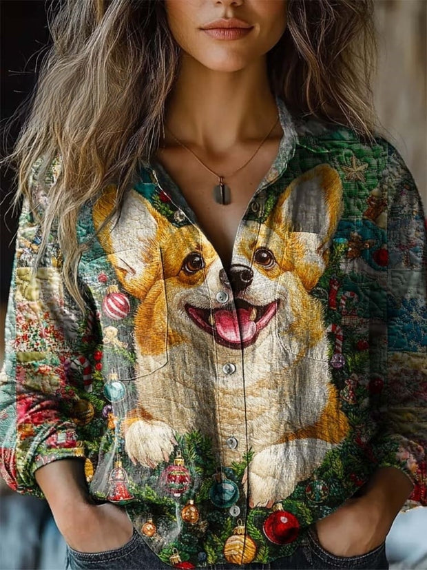 Women's Lovely Corgi Floral Pattern Art Print Casual Long Sleeve Comfortable Cotton Shirt