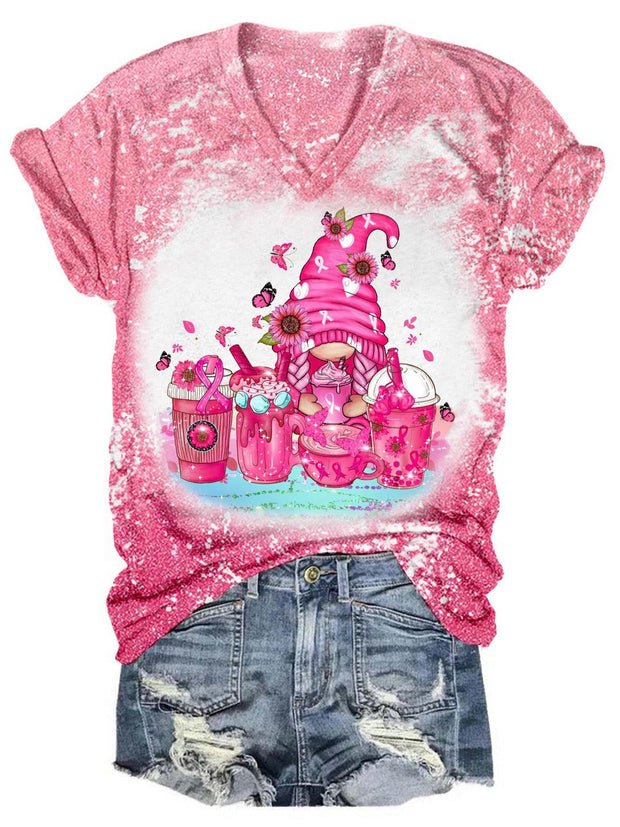 Breast Cancer Awareness Gnome V-Neck Short Sleeve T-Shirt