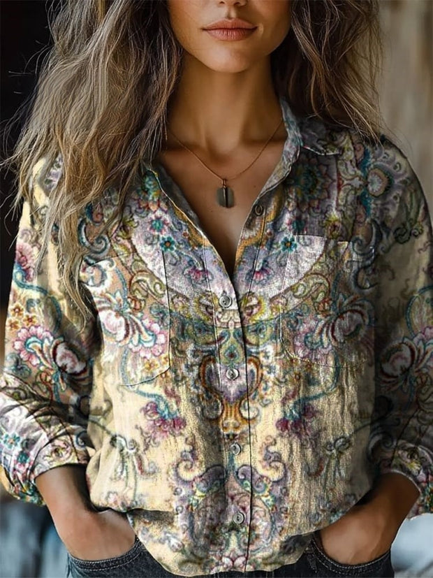 Lovely Ethnic Pattern Printed Women's Casual Long Sleeve Comfortable Cotton Shirt