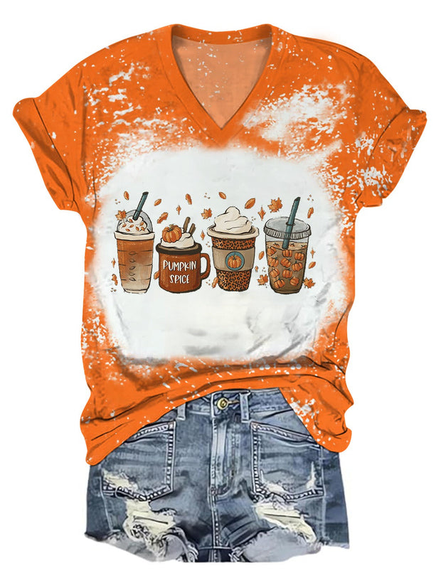 Fall Pumpkin Spice Coffee Halloween V-Neck T-Shirt