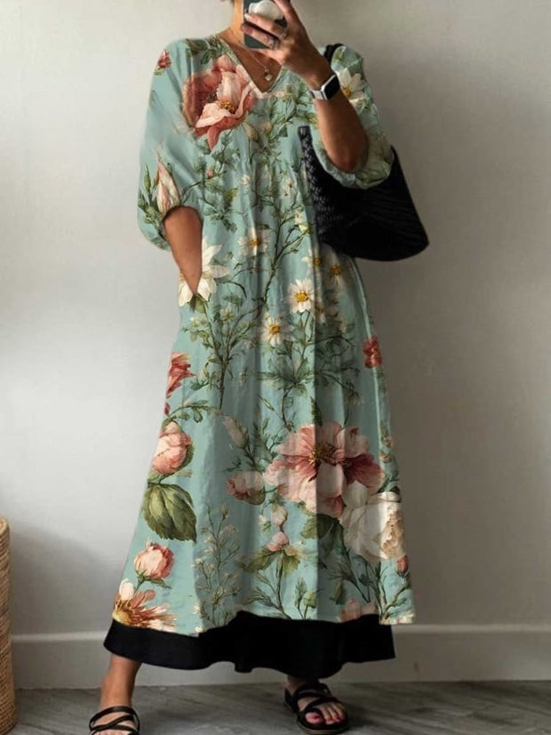 Women's Vintage Lovely Floral Art Print Pocket V-neck Cotton Dress