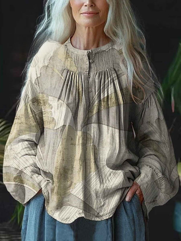 Ladies Small Round Neck Printed Pleated Loose Casual Long Sleeve Comfortable Cotton Shirt