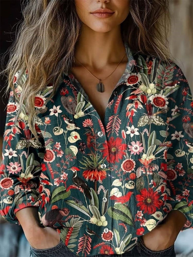 Women's Retro Floral Print Casual Long Sleeve Comfortable Cotton Shirt