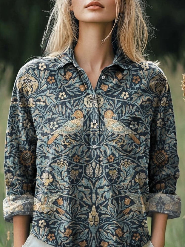 Vintage Garden Symmetrical Pattern Printed Women's Casual Cotton And Linen Shirt