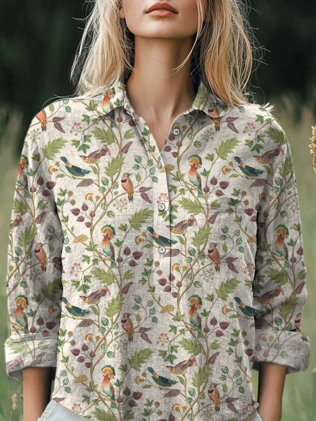 Lovely Spring Bird Pattern Printed Women's Casual Cotton And Linen Shirt